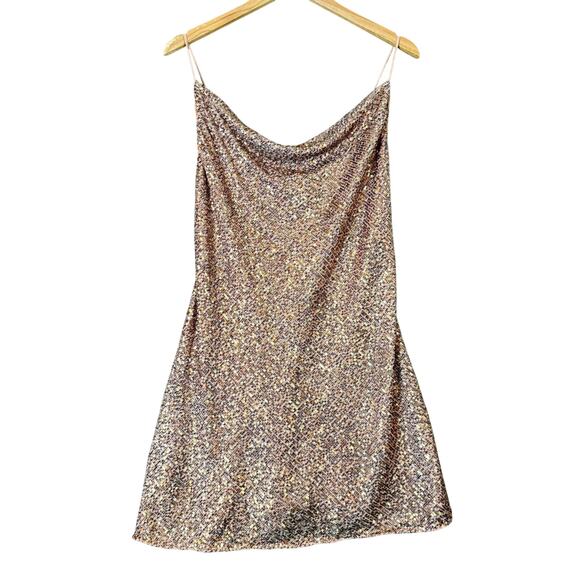 Asos Sequin Cami Mini Dress Cowl Neck Bronze Blush Pink Neutral 6 Tall 6T - Picture 1 of 11
